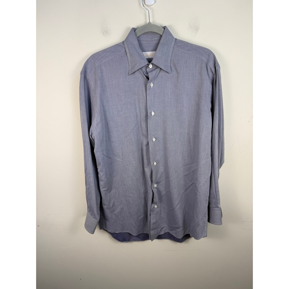 Brioni Mens Blue Herringbone Dress Shirt Long Sleeve Button Front Made in Italy